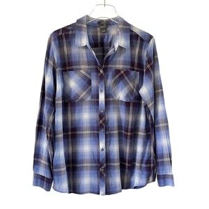 Eddie Bauer Plaid Button Down Women XL Blue Excellent Classic Fit Long Sleeve